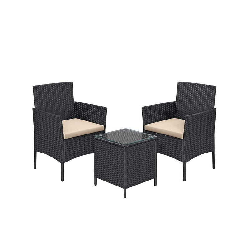 Image of a 3 Piece Black Rattan Bistro Set With Cream Cushions