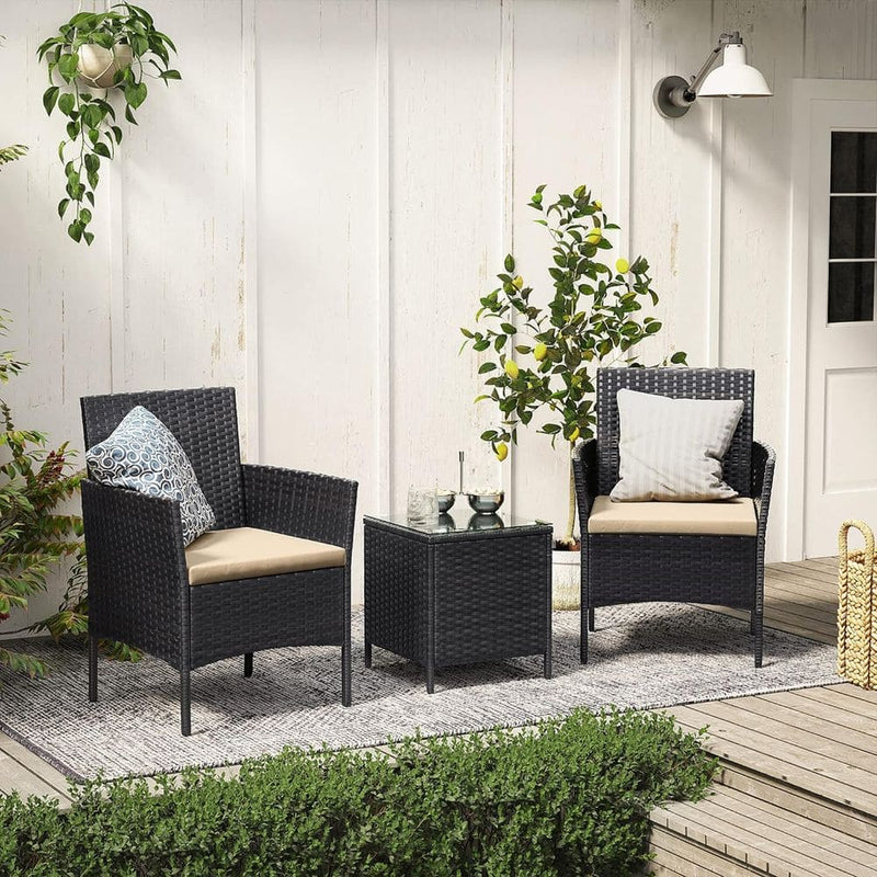 Image of a 3 Piece Black Rattan Bistro Set With Cream Cushions