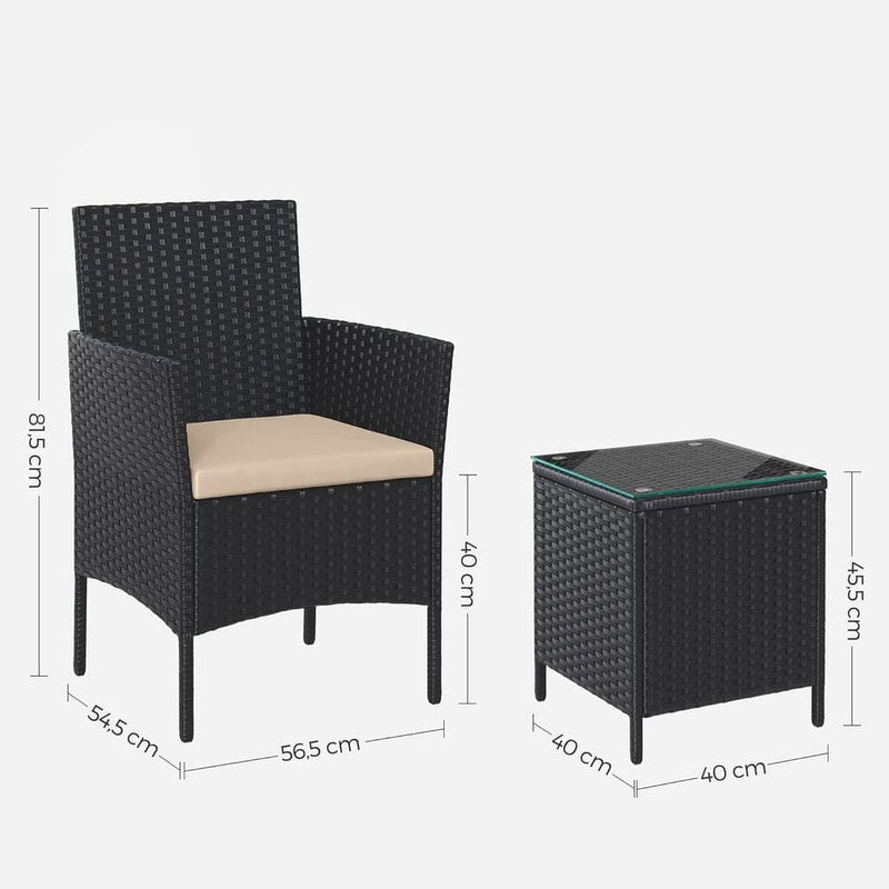 Image of a 3 Piece Black Rattan Bistro Set With Cream Cushions