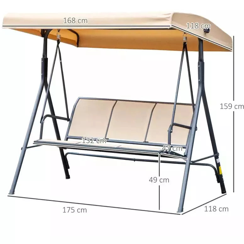 Beige 3 Seater Swing Chair With Adjustable Canopy, Black Outsunny