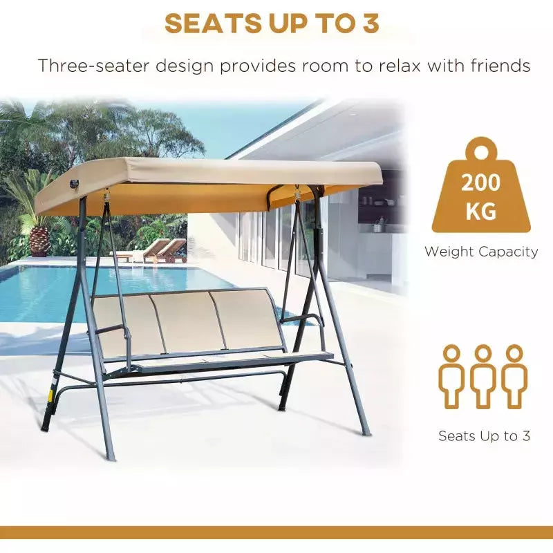 Beige 3 Seater Swing Chair With Adjustable Canopy, Black Outsunny