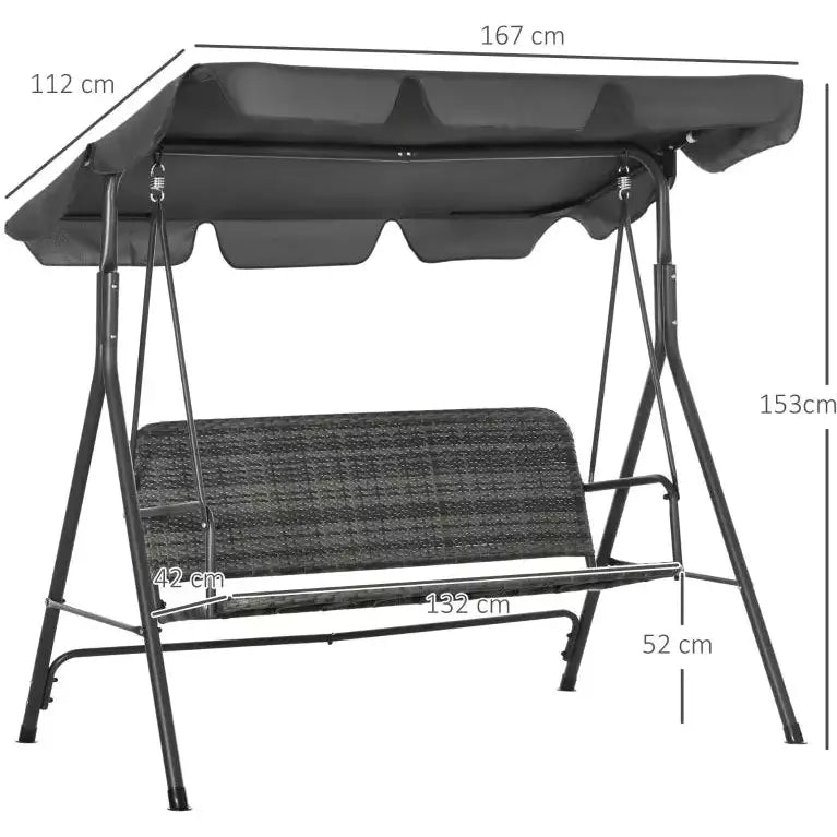 3 Seater Rattan Garden Swing Chair With Grey Canopy Outsunny