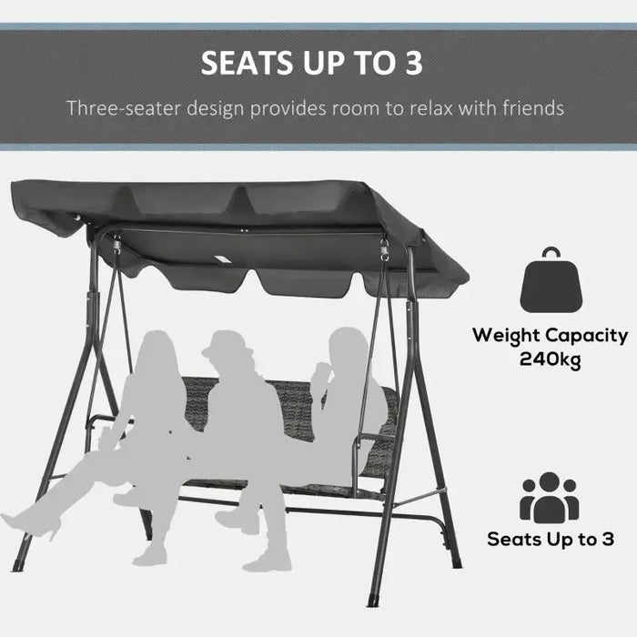 3 Seater Rattan Garden Swing Chair With Grey Canopy