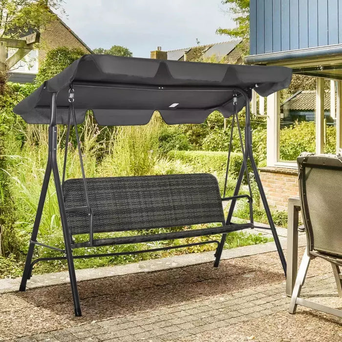 3 Seater Rattan Garden Swing Chair With Grey Canopy