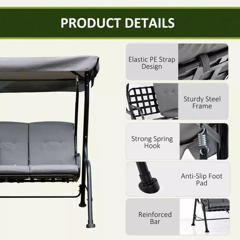 3 Seater Garden Swing Chair Hammock With Canopy, Bed Outsunny