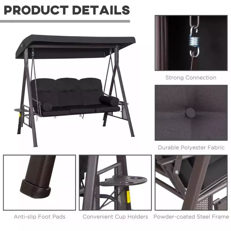 Black Outdoor Swing Chair With Canopy & Cup Trays Outsunny