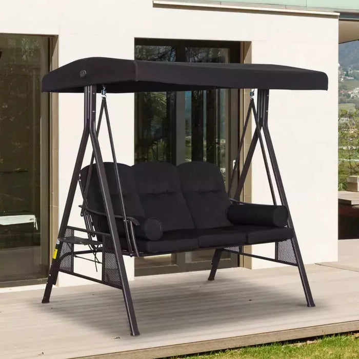 Black Outdoor Swing Chair With Canopy & Cup Trays