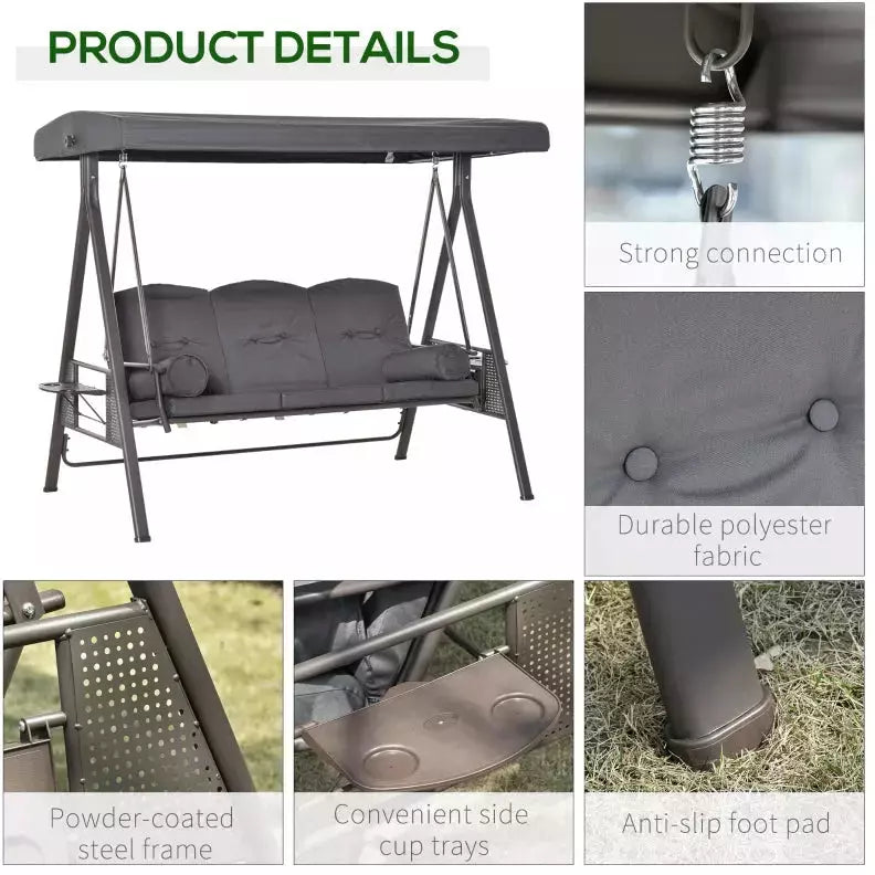 Garden Swing Chair With Canopy & Cup Trays, Dark Grey Outsunny
