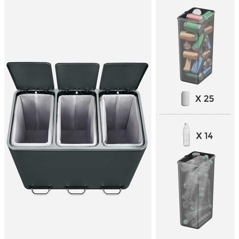 Dimensions diagram of the 3-compartment Songmics kitchen bin