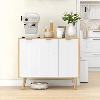 White chevron-pattern sideboard styled in a kitchen with a coffee machine and accessories on top