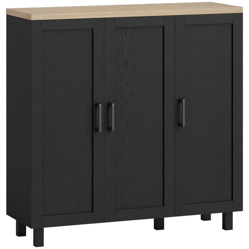 Homcom black 3-door sideboard buffet cabinet with natural wood-effect top, front view