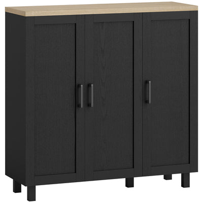 Homcom black 3-door sideboard buffet cabinet with natural wood-effect top, front view