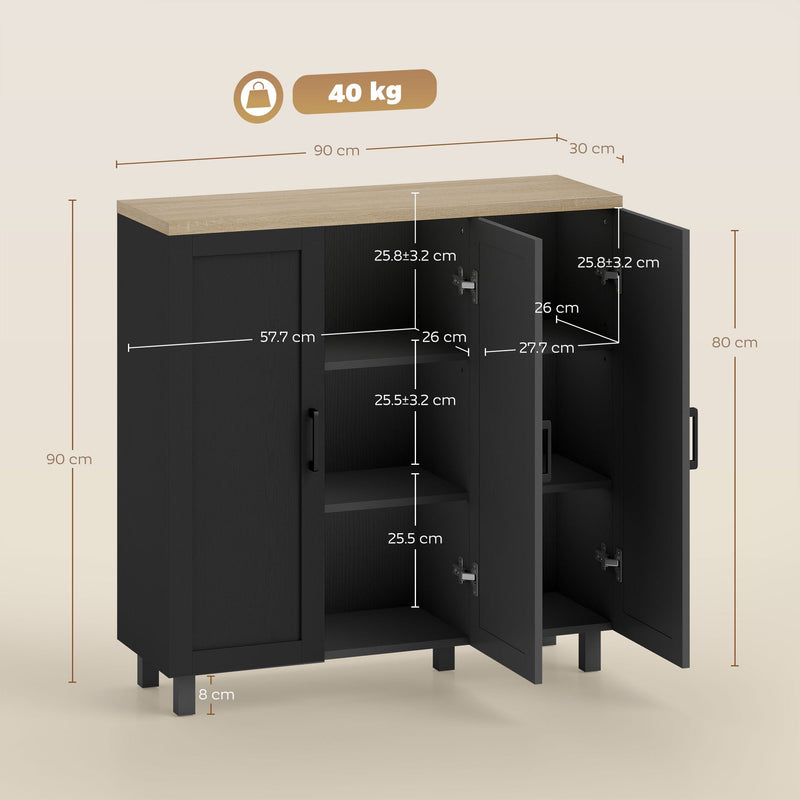 Dimension diagram of the Homcom black sideboard, 90 x 30 x 90 cm, with cabinet and shelf measurements