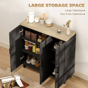 Open cabinet doors showing storage jars and tins arranged on the adjustable shelves