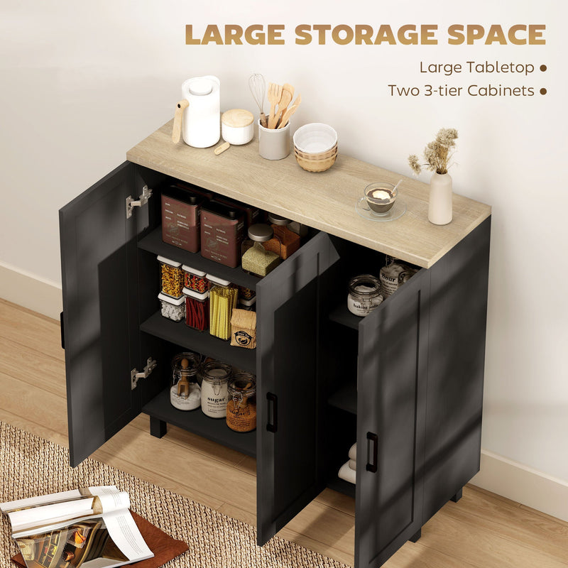 Open cabinet doors showing storage jars and tins arranged on the adjustable shelves