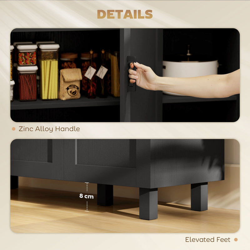 Close-up of the zinc alloy door handle and 8cm elevated feet on the Homcom black sideboard buffet cabinet