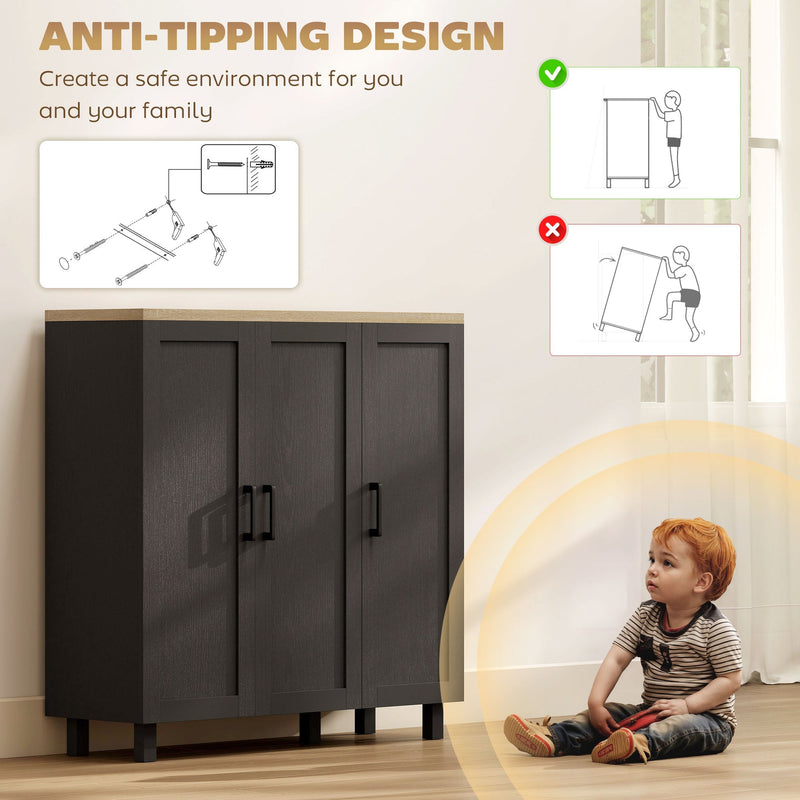 Anti-tipping wall-strap fitting diagram shown on the black sideboard cabinet