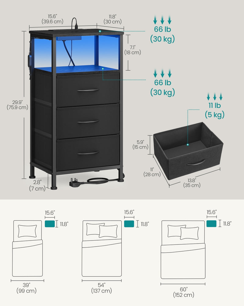 Dimensions diagram of the ink black bedside table showing 39.6 cm width, 30 cm depth and 75.9 cm height