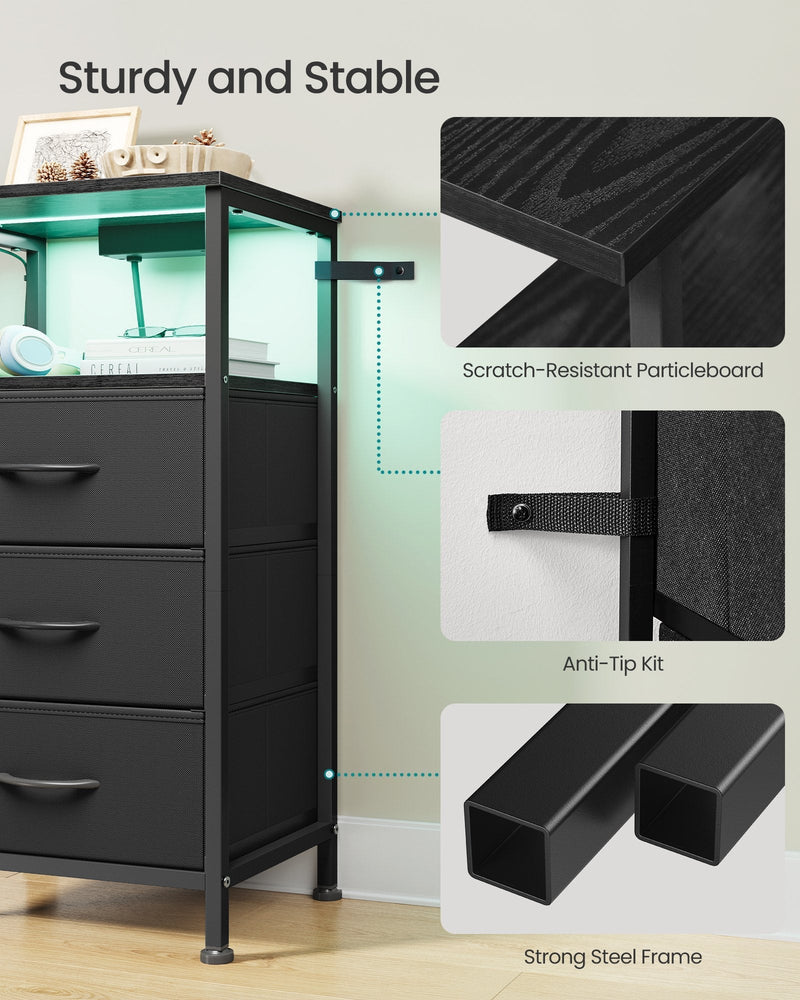 Ink black bedside table lit green, with close-ups of its particleboard top, anti-tip kit and steel frame