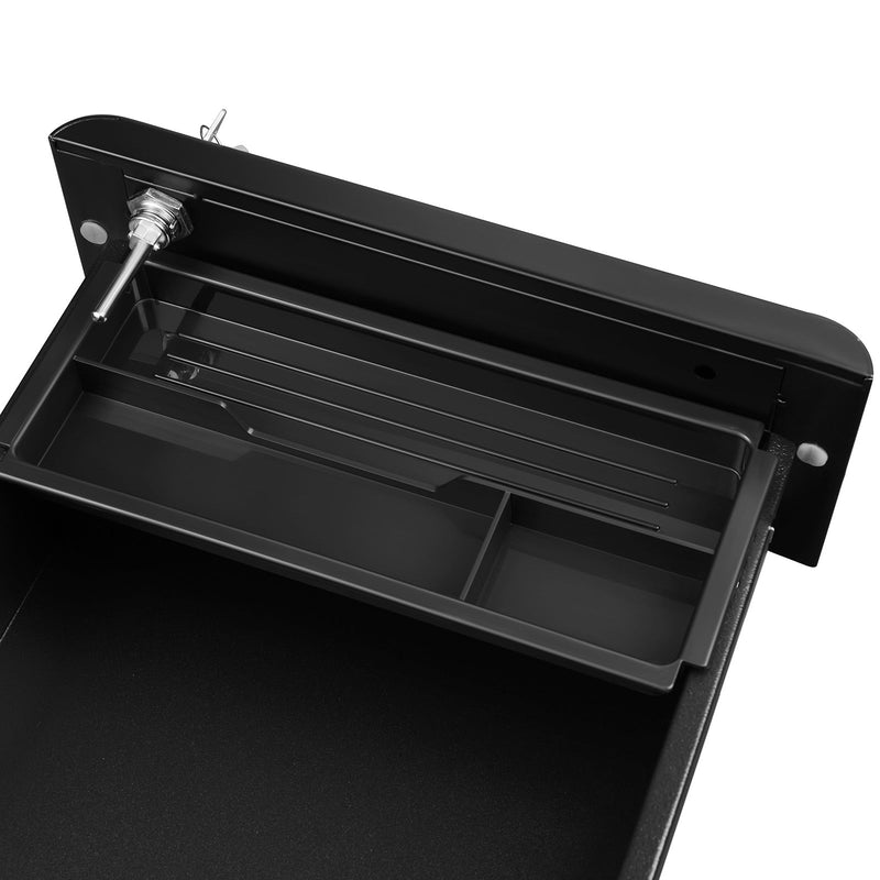 Top view of the black cabinet open top drawer with its divider tray