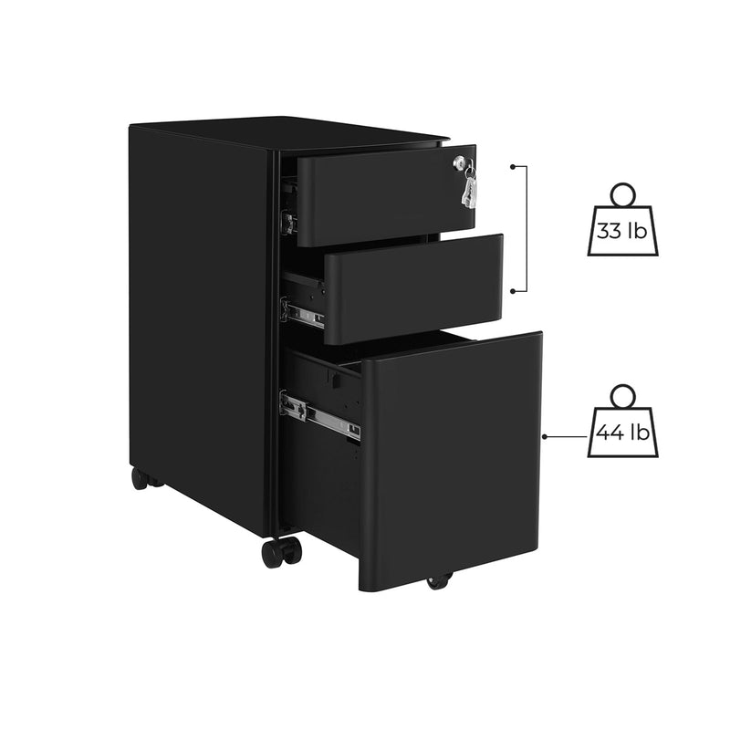 Black filing cabinet with 3 drawers open showing 33 lb and 44 lb load ratings