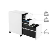 White filing cabinet with 3 drawers open showing 15 kg and 20 kg load ratings