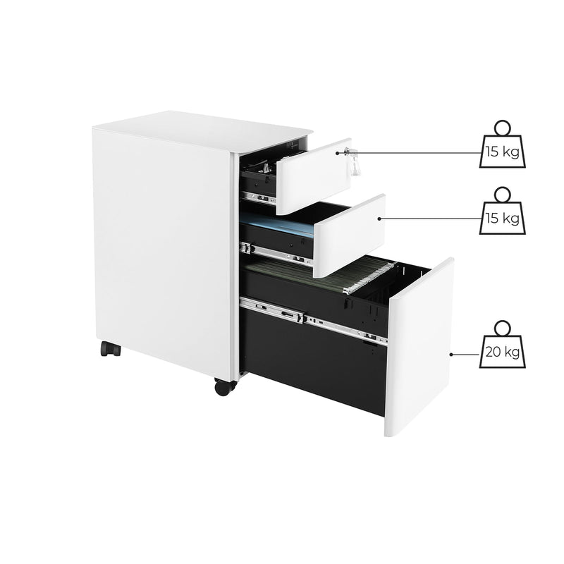 White filing cabinet with 3 drawers open showing 15 kg and 20 kg load ratings