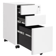 White filing cabinet with all 3 drawers extended on their runners
