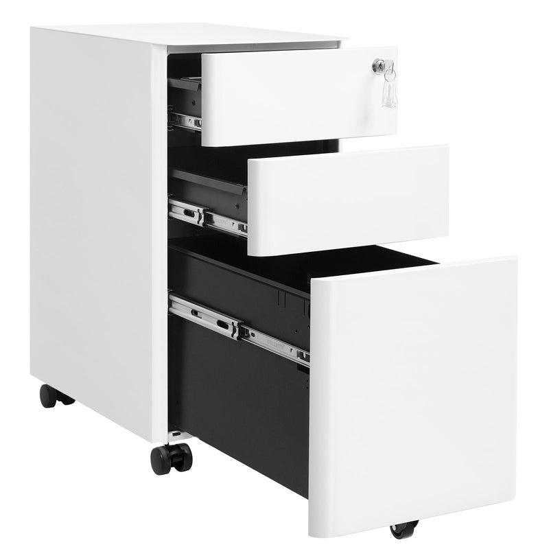 White filing cabinet with all 3 drawers extended on their runners