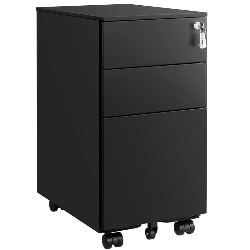 Black 3 drawer Songmics steel file cabinet on castors with the key in the lock