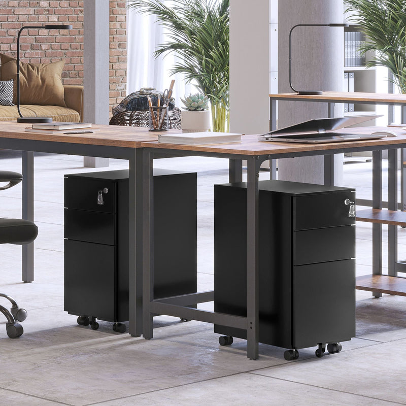 Two black mobile file cabinets parked under desks in a shared office