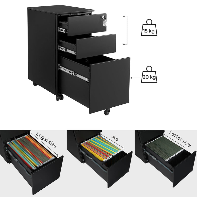 Load diagram showing 15 kg for each upper drawer and 20 kg for the bottom drawer, with Legal, A4 and Letter hanging files