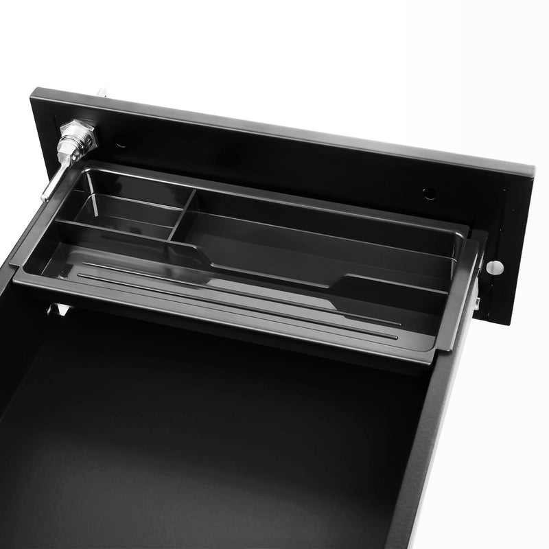Top drawer open showing the compartment tray and the lock bar inside