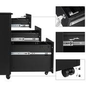 Cut-away view of the three drawer slides with close-ups of the key lock and the braked castor