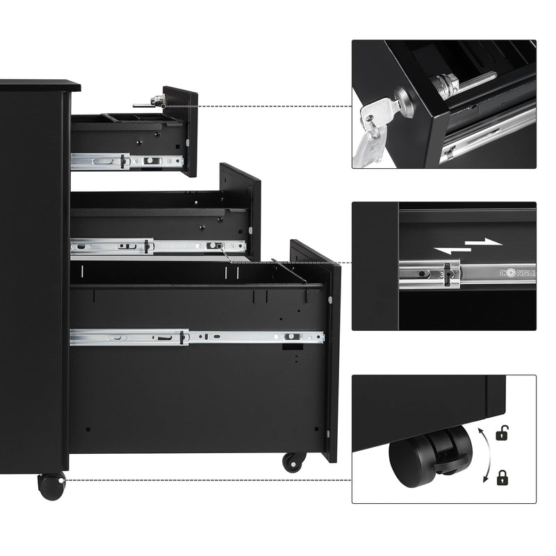 Cut-away view of the three drawer slides with close-ups of the key lock and the braked castor