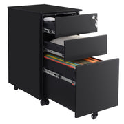 Black file cabinet with all three drawers open holding stationery, folded items and hanging files