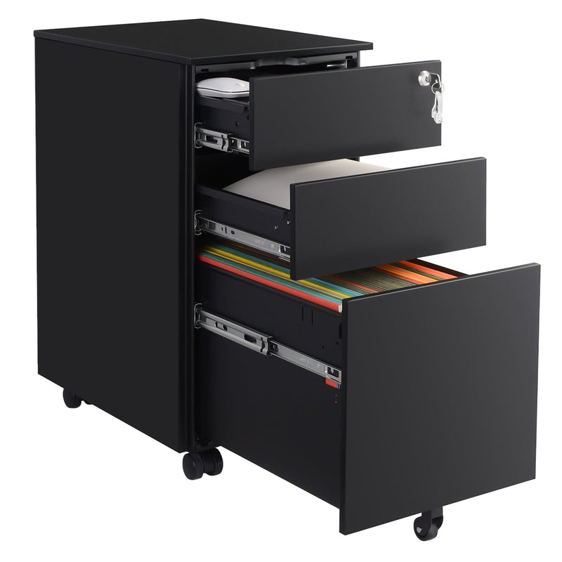 Black file cabinet with all three drawers open holding stationery, folded items and hanging files