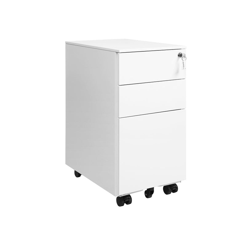 White three drawer steel file cabinet on castors with a key in the lock