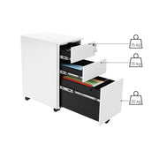 White file cabinet with all three drawers open, labelled 15 kg, 15 kg and 20 kg drawer load limits