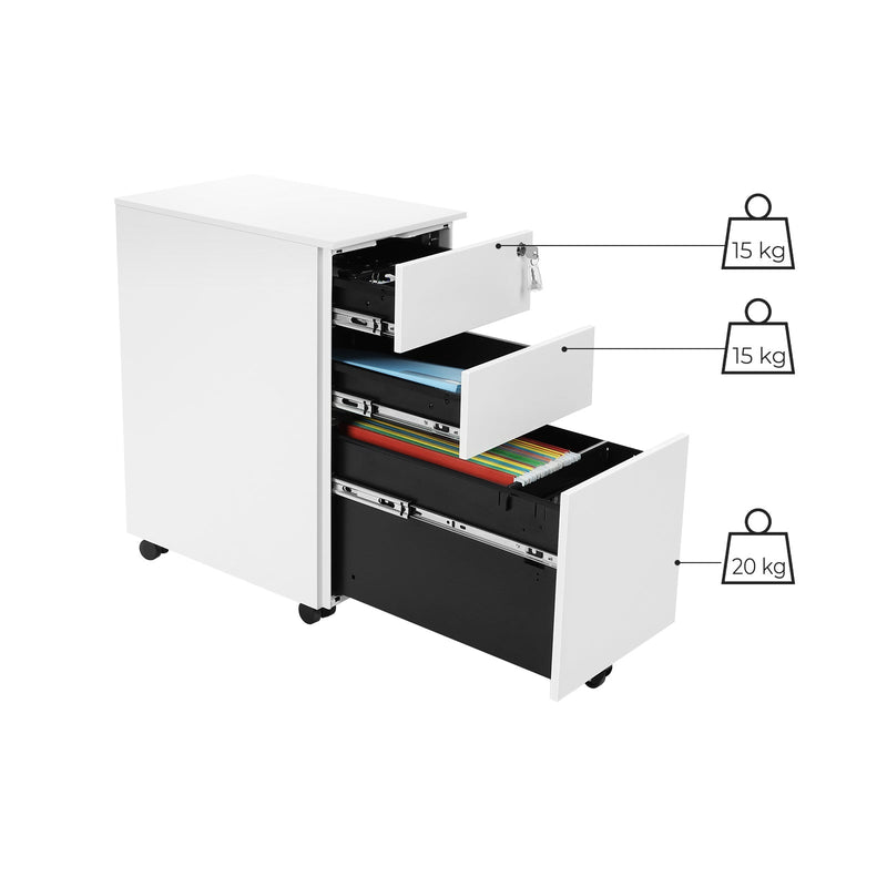 White file cabinet with all three drawers open, labelled 15 kg, 15 kg and 20 kg drawer load limits