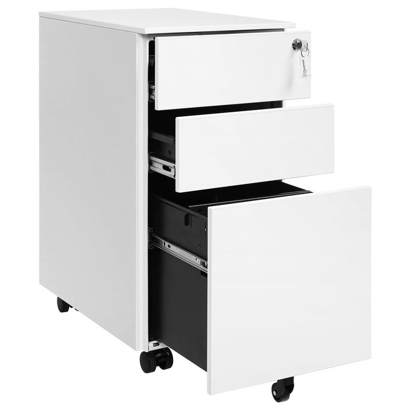 White file cabinet with drawers pulled out showing metal runners and the deep bottom file drawer