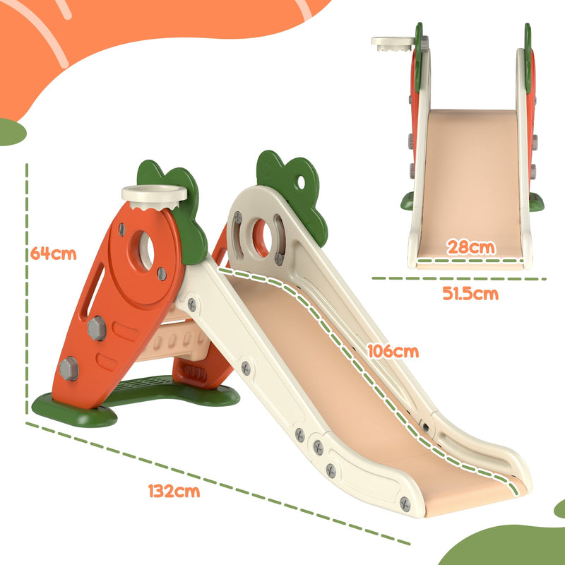 Dimension diagram showing the carrot toddler slide is 132 cm long, 51.5 cm wide and 64 cm tall