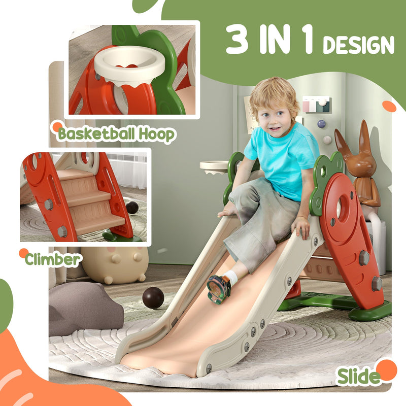 3-in-1 feature panel showing the basketball hoop, climber and slide with a child playing