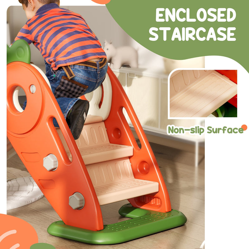 Child climbing the enclosed non-slip staircase on the carrot toddler slide