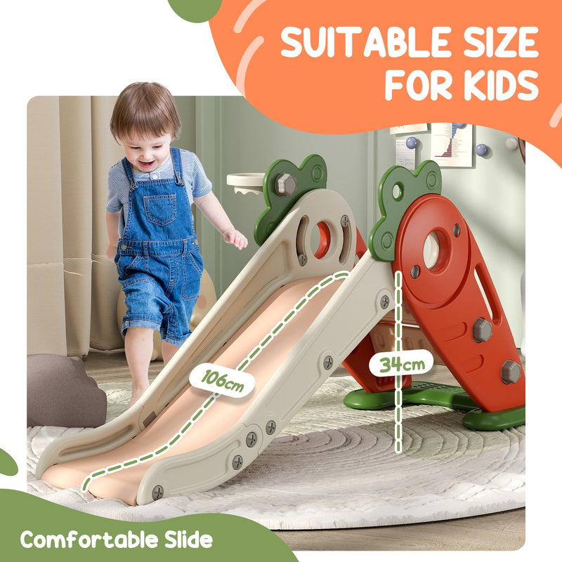 Close-up of the slide surface and safety handrail on the carrot toddler slide
