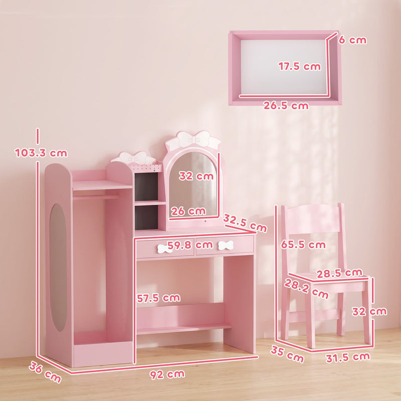 Dimension diagram of the 3-in-1 kids dressing table showing 92 x 36 x 103.3 cm table and 31.5 x 35 x 65.5 cm chair