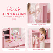 Dressing mirror, vanity table and clothes rack sections of the 3-in-1 kids dressing table