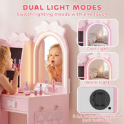 Cool and warm LED light modes on the kids dressing table's vanity mirror