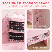 Hanging area, jewelry rack, side pocket and drawers on the kids dressing table