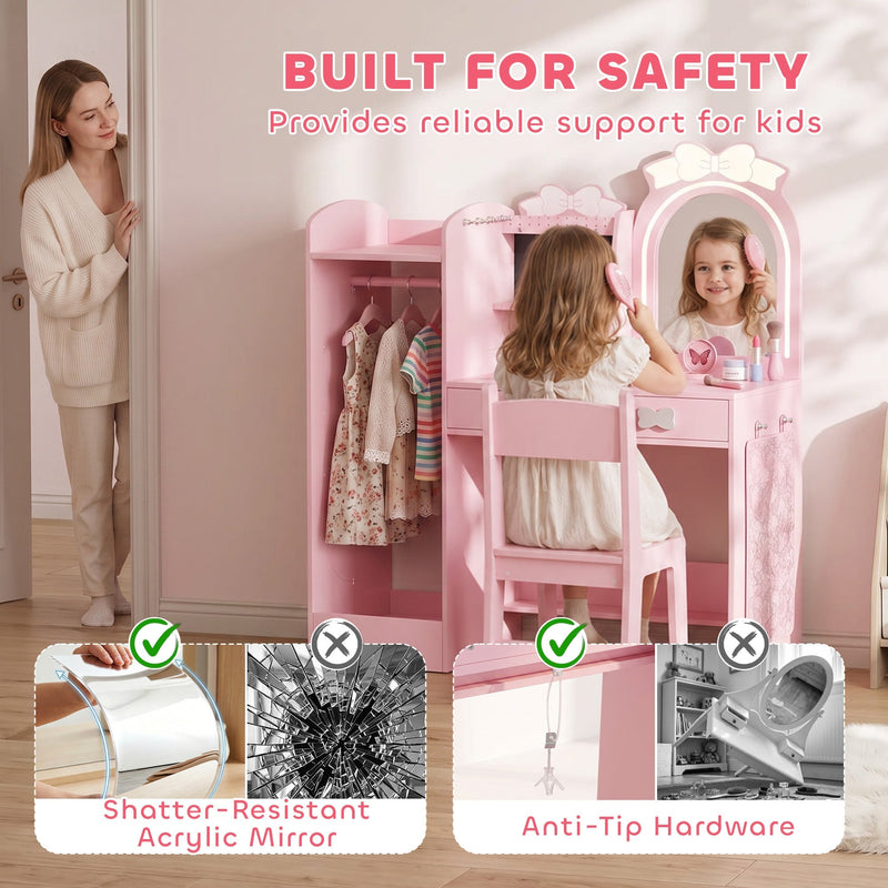 Shatter-resistant acrylic mirror and anti-tip hardware on the kids dressing table